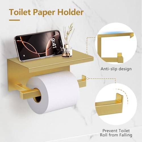 5-Pieces Brushed Gold Bathroom Hardware Accessories Set 23.6" SUS304 Stainless Steel Towel Bar Set Wall Mounted Square Toilet Paper Holder with Shelf
