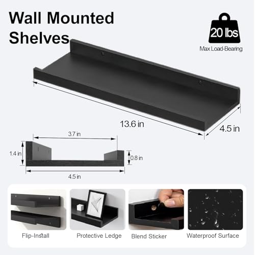 Black Floating Shelves for Wall Decor, 14 in Shelf with Lip Set of 2 | 4.5" Deep Display Picture Ledge Shelf, Wall Mounted Wood Storage Shelves for Bedroom, Bathroom, Living Room, Kitchen Nursery