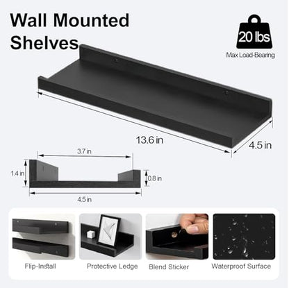 Black Floating Shelves for Wall Decor, 14 in Shelf with Lip Set of 2 | 4.5" Deep Display Picture Ledge Shelf, Wall Mounted Wood Storage Shelves for Bedroom, Bathroom, Living Room, Kitchen Nursery