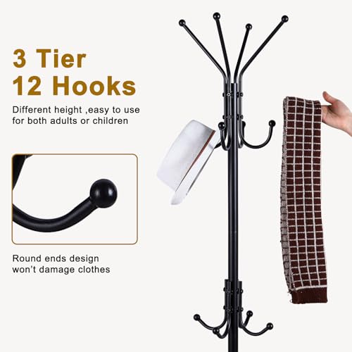 Freestanding Coat Rack with Umbrella Holder,Metal Coat Tree with 12 Hooks for Hanging Coat,Hats,Bag, Black Modern Coat Rack Stand Umbrella Stand for Entryway, Living Room, Bedroom, Office