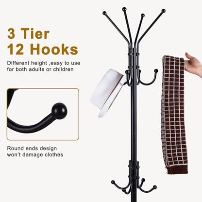 Freestanding Coat Rack with Umbrella Holder,Metal Coat Tree with 12 Hooks for Hanging Coat,Hats,Bag, Black Modern Coat Rack Stand Umbrella Stand for Entryway, Living Room, Bedroom, Office
