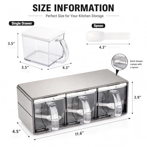 3 Grids Seasoning Organizer Box, Stainless Steel Salt Container with Lid and Spoon, Seasoning Containers with Stainless Steel Rack for Home, Kitchen, Cafe, Storing Salt, Sugar, Pepper, Spice