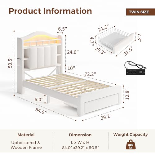 Twin Size Bed Frame with LED Storage Headboard & 2 Storage Drawers, Velvet Upholstered Bed with Vertical Tufted Headboard Design, USB & Type-C Charging Ports, Wooden Slats Support, Noise-Free, Beige