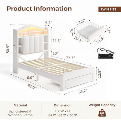 Twin Size Bed Frame with LED Storage Headboard & 2 Storage Drawers, Velvet Upholstered Bed with Vertical Tufted Headboard Design, USB & Type-C Charging Ports, Wooden Slats Support, Noise-Free, Beige