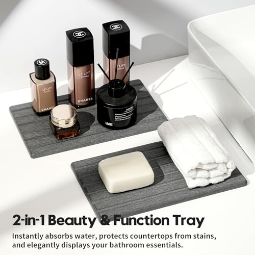2PCS Water Absorbing Stone Drying Tray Mat for Bathroom Sink & Kitchen Counter Organizer, Quick Dry Dish Soap Dispenser Sponge Holder, Vanity Sink Caddy, Coaster, Dark Gray - 10" x 6"