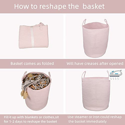 XUANGUO Cotton Rope Laundry Basket Hamper for Girls Kids Baby Nursery Pink | Large Nursery Hamper Bin and Woven Storage Basket for Living Room Girls Room Boho Tall Rope Baskets for Blankets Toys