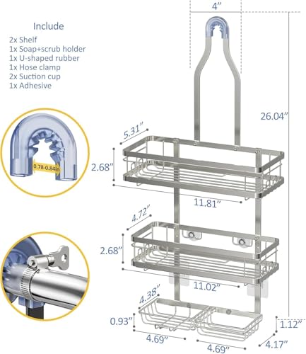 OMAIRA Shower Caddy Hanging with Soap Scrub Holder, Stainless Steel Adjustable No Drilling Non-Slip Large Capacity Sturdy Over Shower Head Shower Organizer Inside Shelves Bathroom Storage Rack, Silver