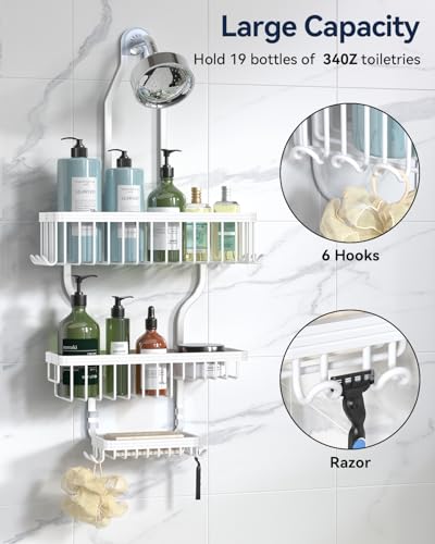Never Rust Shower Caddy Hanging, Aluminum Shower Racks for Inside Shower, 3-Tier Shower Organizer Hanging Over Shower Head with Hooks and Soap Holder, White