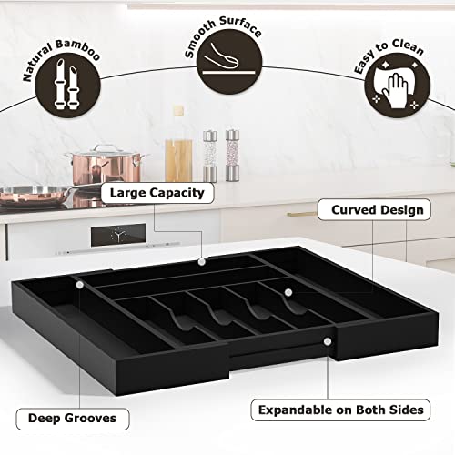 Utensil Organizer Silverware Drawer Organizer - Bamboo Expandable Cutlery Tray with Dividers for Utensil Holder Office Storage Makeup Desk Drawer Tool Organization W13.5"-19.5" x L17.5" x H2.5"(Black) | Expandable