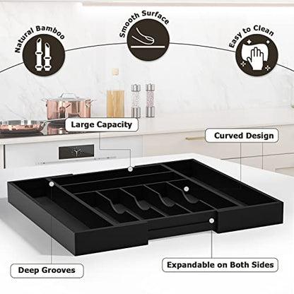 Utensil Organizer Silverware Drawer Organizer - Bamboo Expandable Cutlery Tray with Dividers for Utensil Holder Office Storage Makeup Desk Drawer Tool Organization W13.5"-19.5" x L17.5" x H2.5"(Black) | Expandable