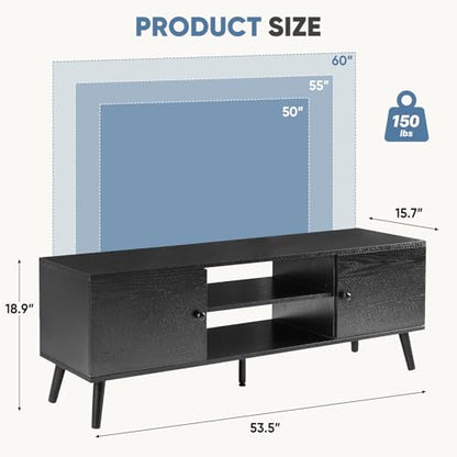 DUMOS TV Stand for 55 60 inch TV, Modern Mid Century Entertainment Center with Storage, Wooden Media Console Table with 2 Cabinets, for Living Room, Bedroom, Black