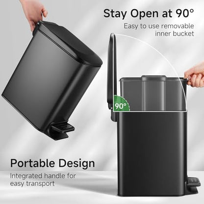 TIPGO Slim Bathroom Trash Can with Lid Soft Close, Step Pedal, 6 Liter / 1.6 Gallon Stainless Steel Garbage Can with Removable Inner Bucket, Anti-Fingerprint Finish (Matte Black)