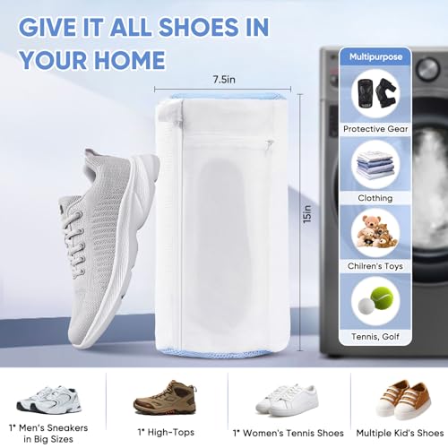 2 Pack XXL Shoe Washing Machine Bag, 700 GSM Heavy Duty Shoes Cleaning Bag with Anti-Tangle Mesh Pocket, 2 Adjustable Shoe Trees Keep Shape, Reusable Sneaker Laundry Bag for Frequent Wash, White