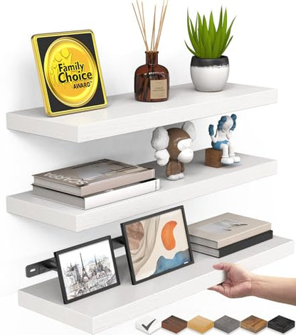 BAYKA White Floating Shelves 15.7in, Set of 3, Wall Mount Rustic Wood Shelf | 22lbs Max Load, Hidden Bracket, for Bathroom Bedroom Kitchen Display Storage Decor, Easy Install, Multi-Wall Compatible