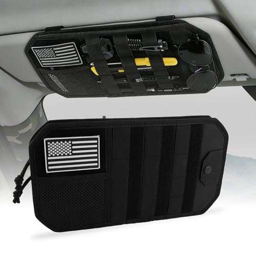 Car Sun Visor Organizer, Tactical Molle Panel Visor Storage Organizer with Sunglasses Holder for Police Gear & Overland Accessories, Universal Fit for Trucks, SUVs, Jeeps & Patrols, Black