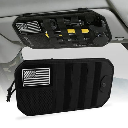 Car Sun Visor Organizer, Tactical Molle Panel Visor Storage Organizer with Sunglasses Holder for Police Gear & Overland Accessories, Universal Fit for Trucks, SUVs, Jeeps & Patrols, Black