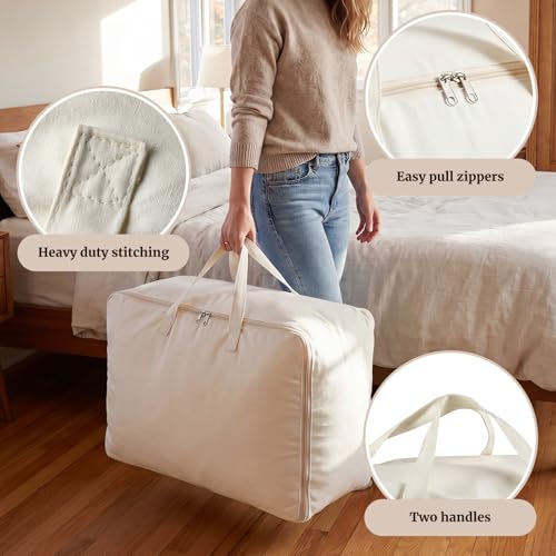 2 Pack 100% Cotton 24"x 15"x 12" White Canvas Sweater Comforter Storage Bag with Handles for Home Travel Beddings Pillow Blankets Saree Linens Organizer Thick Soft Breathable Closet Bags