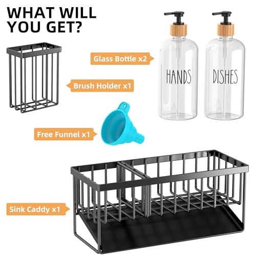 Cisily Kitchen Dish Soap Dispenser Set with Black Sponge Holder and 2 Pack 16.9oz Clear Glass, Dish Soap Dispensers for Kitchen Sink, Vintage Hand and Dish Soap Dispensers Set