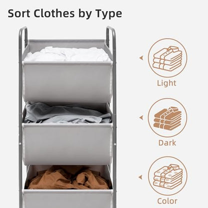 STORAGE MANIAC 120 Liters Vertical Rolling Laundry Hamper, 3 Section Laundry Sorter with Wheels and 2 Breaks, 3-tier Laundry Baskets for Small Space, Dorm, Laundry Room, Closet, Bathroom, Gray 3-tier