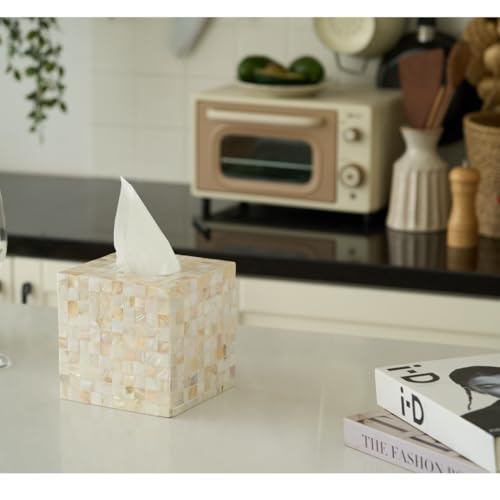 5.9” Mother of Pearl Tissue Box Cover for Kleenex and More – Handcrafted Square Tissue Holder with Sliding Bottom – Decorative Napkin Dispenser for Bathroom, Bedroom, Kitchen, Office