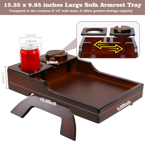 Couch Cup Holder Tray, 15.4"x9.9" Large 4 in 1 Couch Armrest Table with 360°Rotated Phone Holder, Non-Slip Clip on Side Table for Drinks/Remote/Snacks, Ideal Gift for Husband, Wife, Parents