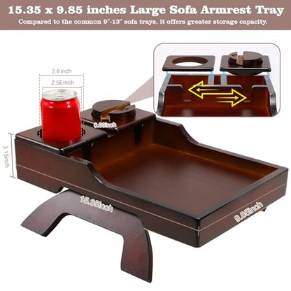 Couch Cup Holder Tray, 15.4"x9.9" Large 4 in 1 Couch Armrest Table with 360°Rotated Phone Holder, Non-Slip Clip on Side Table for Drinks/Remote/Snacks, Ideal Gift for Husband, Wife, Parents