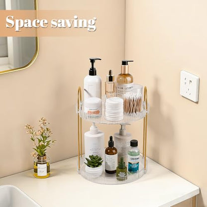 360° Rotating Makeup Organizer Large Capacity Perfume Tray, 2 Tier, Clear | Skincare Stand Holder Spinning Bathroom Counter Organizer Lazy Susan Turntable Storage for Dresser, Vanity, Kitchen