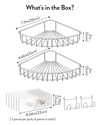 Orimade Corner Shower Caddy Stainless Steel with Hooks Wall Mounted Bathroom Shelf Storage Organizer Adhesive No Drilling 2 Pack, Silver Only for 90-Degree Corner