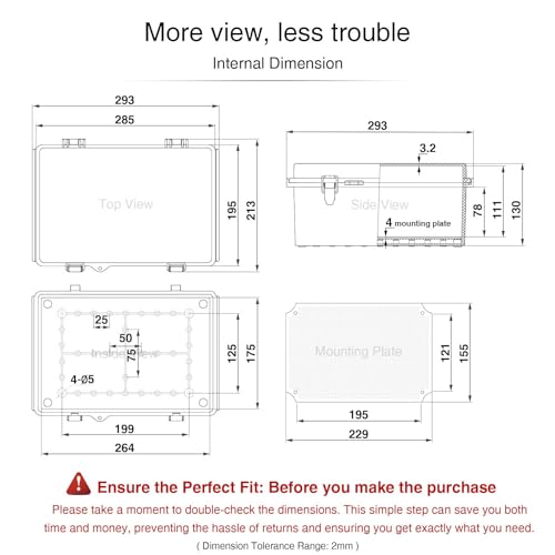 QILIPSU Junction Box IP67 Waterproof Plastic Electrical Enclosure Outdoor Weatherproof Project Electric Box with Mounting Plate, Wall Brackets, Hinged Grey Cover 11.2"x7.7"x5.1"