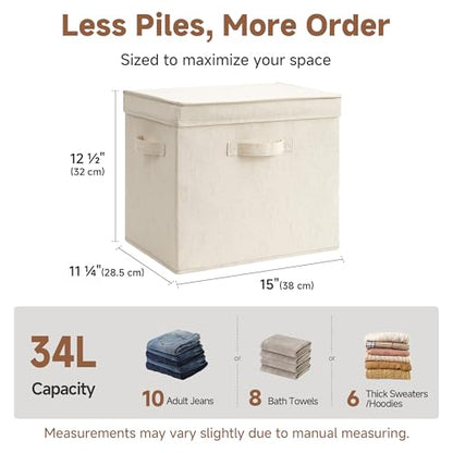 StorageWorks Storage Bins with Lid, Decorative Fabric Storage Bins with Handles, Stackable Closet Organizers for Shelves and Bedroom, Large, Beige(Natural Fabric), 2-Pack