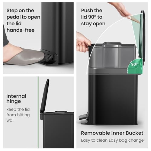 Cesun Small Bathroom Trash Can with Lid, 1.6 Gal, Soft Close, Matte Black | Step pedal soft close, Slim 5.9in fits narrow spaces, Stainless steel, Anti-fingerprint, Removable inner bucket, Odor seal
