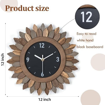 Wall Clock Battery Operated 12 in Rustic Wood Boho Sunburst Decorative Wall Clock Silent Non Ticking Farmhouse Small Wall Clocks for Living Room Kitchen Bathroom Bedroom Decor (Tricolor)