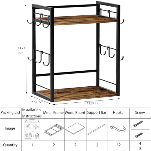 Dorhors Coffee Bar Organizer,Mug Holder,Station Organizer Kitchen Counter | 2 Tier Rustic Brown Wood Coffee Bar Accessiries with 12 Hooks,Countertop Shelf for Mug,Syrup and Accessories