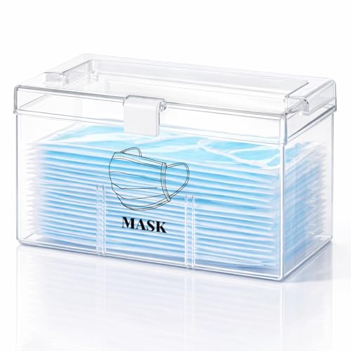 Face Mask Dispenser Box with Handle Countertop Mask Storage Box Holder Dust-Proof Mask Storage Case for Disposable Emesis Bag, Shoe Cover and Hairnet for Home Office Car Clear
