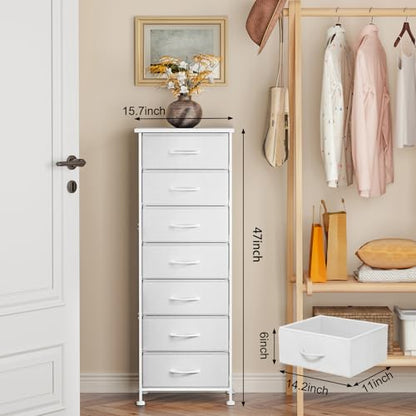 Fixwal Tall Narrow White Dresser for Bedroom, Storage Dresser Organizer in Closet with 7 Fabric Drawers, Nightstand for Dorm
