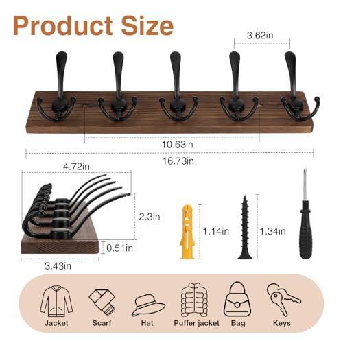 Wooden Coat Rack Wall Mount Heavy Duty, 2 Pack Coat Hanger Wall Mount with 5 Triple Hooks for Clothes, Jacket, Hat, Keys, Space Saving Entryway Organizer for Mudroom (‎Brown Plate & Black Hooks)