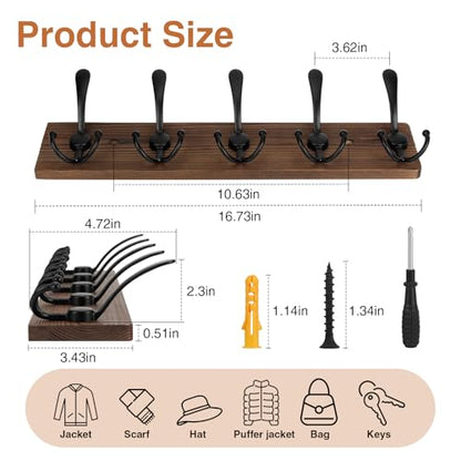 Wooden Coat Rack Wall Mount Heavy Duty, 2 Pack Coat Hanger Wall Mount with 5 Triple Hooks for Clothes, Jacket, Hat, Keys, Space Saving Entryway Organizer for Mudroom (‎Brown Plate & Black Hooks)