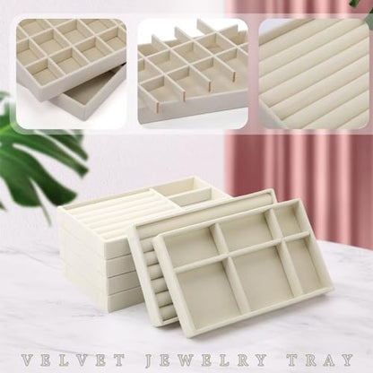 8 Pcs Small Velvet Jewelry Trays Stackable Drawers Organizer Inserts Divided Display Trays for Earring Ring Necklace, Beige