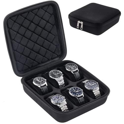 6-Slot Travel Watch Case for Men, Hard Shell Stora... (6 Count | Black | EVA)