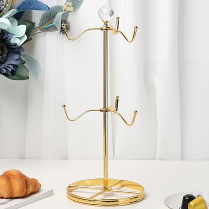 Mug Tree Coffee Cup Holder for Counter Top 6 Hooks(Gold) | Double Tier Metal Mug Tree for Counter with Crystal Ball for Small-Space,Mug Stand Tree Countertop with Patterned Base Rim