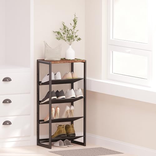 CHEMPFR Narrow 5-Tier Shoe Rack, Slim Space-Saving Shelf with Decorative Wood Top & Steel Mesh, Entryway/Closet/Dorm Organizer, 16.5x11.8x36 Inches