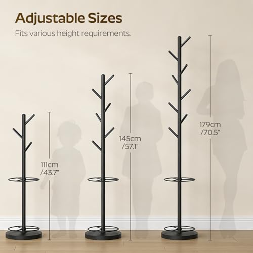 Coat Rack Freestanding with Umbrella Holder, Coat Rack Stand with 8 Hooks, Heavy Duty Coat Tree for Entryway, Modern Clothing Rack, Metal Coat Hanger Stand for Bedroom, Office, Black YM03BB