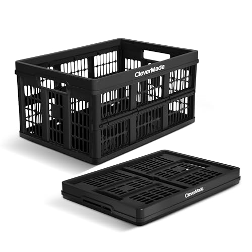 CleverMade Collapsible Utility Crate (100% Recycled) - 45L - Obsidian | Create Stackable Order for Groceries, Tools, and Gear | Each Crate Holds 66 lb, Folds Under 3 Inches, and Carries Easily