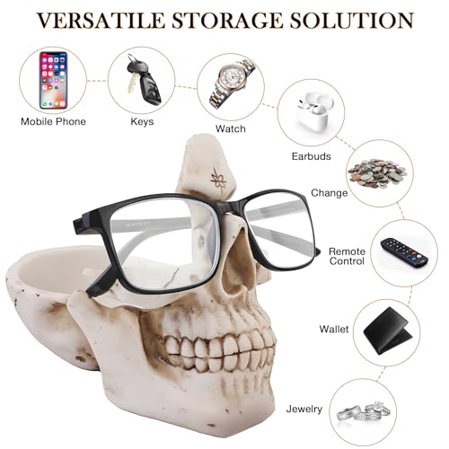 Skull Glasses Holder Stand with Storage Tray , Novelty Eyeglass Holder Rack for Nightstand, Resin Skull Head Sculpture Statue Home Office Desk Decor Gift (White)