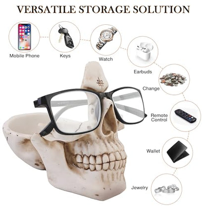 Skull Glasses Holder Stand with Storage Tray , Novelty Eyeglass Holder Rack for Nightstand, Resin Skull Head Sculpture Statue Home Office Desk Decor Gift (White)