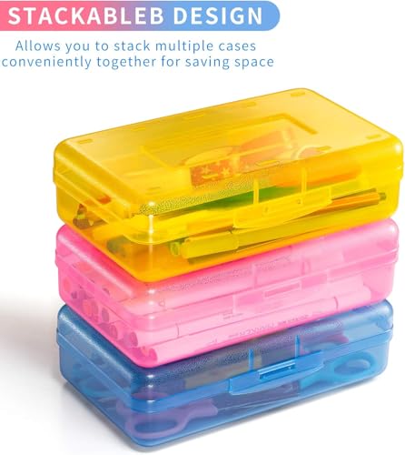 Sooez 3 Pack Pencil Case, Large Hard Pencil Box Bulk, Clear Crayon Box | Marker Pen Organizer, Plastic Storage Container with Snap Lid, Stackable Art Craft Organizer Back to School Supplies