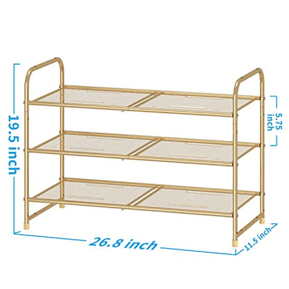 Simple Trending 3-Tier Stackable Shoe Rack, Expandable & Adjustable Shoe Shelf Storage Organizer, Metal Mesh, Gold