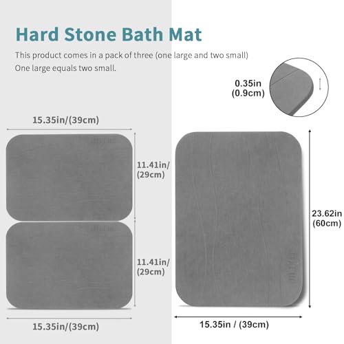 Stone Bath Mat, Set of 3,Diatomaceous Earth Shower Mat, Non-Slip Super Absorbent Quick Drying Bath Mat for Bathroom Floor, Grey