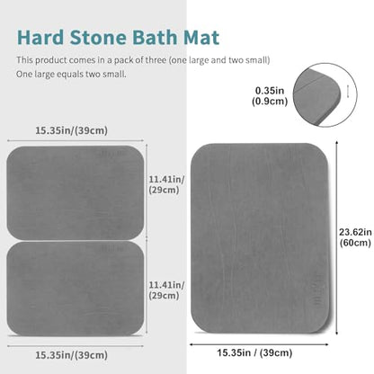 Stone Bath Mat, Set of 3,Diatomaceous Earth Shower Mat, Non-Slip Super Absorbent Quick Drying Bath Mat for Bathroom Floor, Grey
