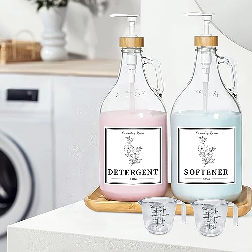 2 Pcs Glass Laundry Detergent Dispenser Bottle, Liquid Laundry Soap Dispenser for Laundry Room, 64oz Detergent Bleach Softener Dispenser for Farmhouse Decor, Includes Bamboo Pumps Tray Funnel Labels